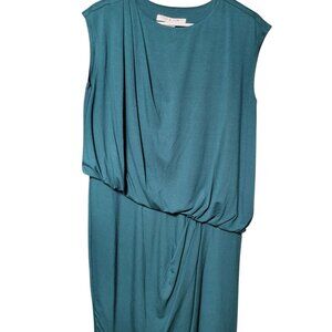 Trina Turk Lenaya Draped Cowl Neck Midi Green Dress Medium Blouson Stretchy